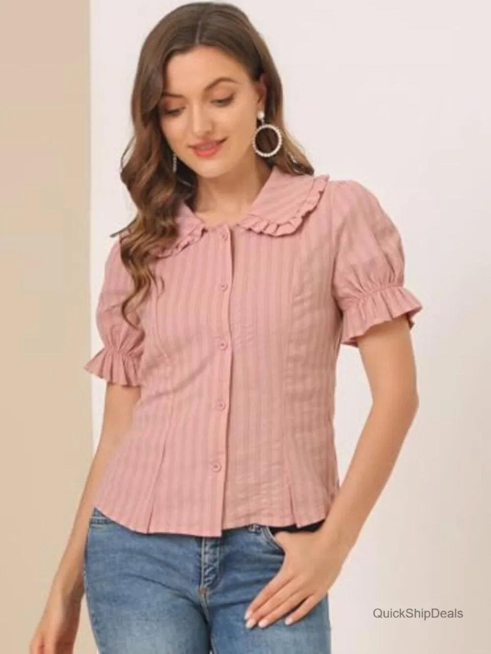 Peter Pan Collar Button Down Shirt Short Sleeve Cotton Blouse